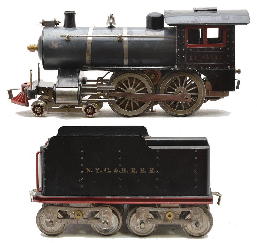 Lionel Std. Gauge No. 6 w/Tender NYC&HRRR: Lionel prewar standard gauge No. 6 black steam locomotive with eight-wheel black tender. The loco has thick-rimmed drivers and the pilot truck has been replaced. The loco has a Russian blue boiler, re