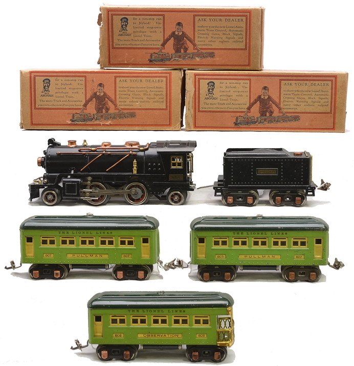 Lionel 2-Tone Green Passenger Set no. 236: Lionel prewar O gauge two-tone green passenger set no. 236 including; 262 black steam loco, 262T tender with copper journals, two 607 Pullman and 608 observation. The cars are Stephen Girard green wit