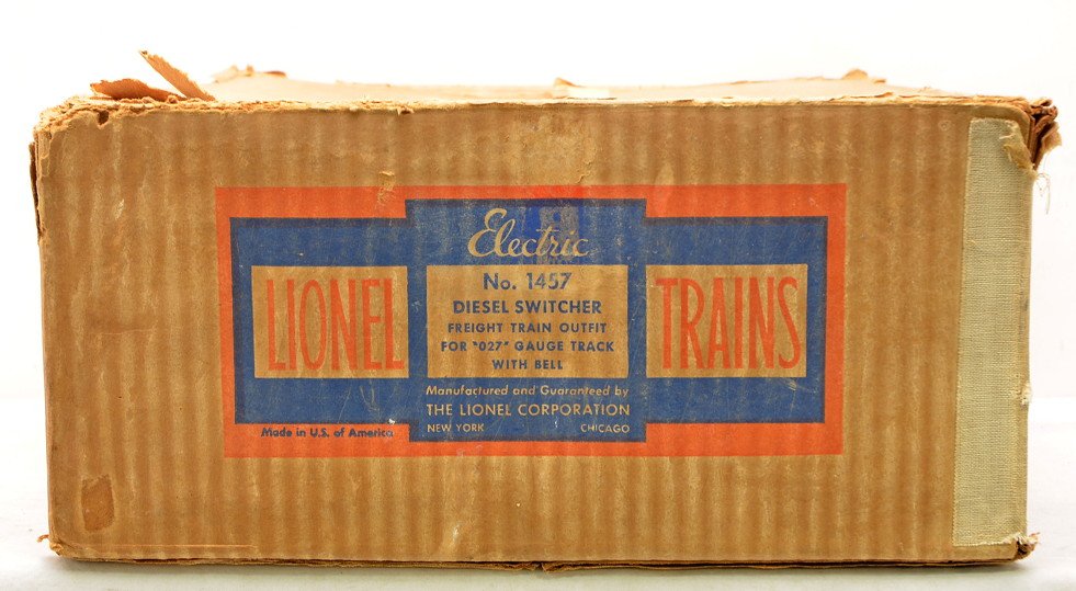 Lionel Original Set Box ONLY Freight Set 1457: Lionel postwar original set box only for a diesel switcher freight set no. 1457, circa 1949 that contained a 6220 Santa Fe bell ringing diesel switcher, 3464 operating boxcar, 6462 gondola, 6520 searc