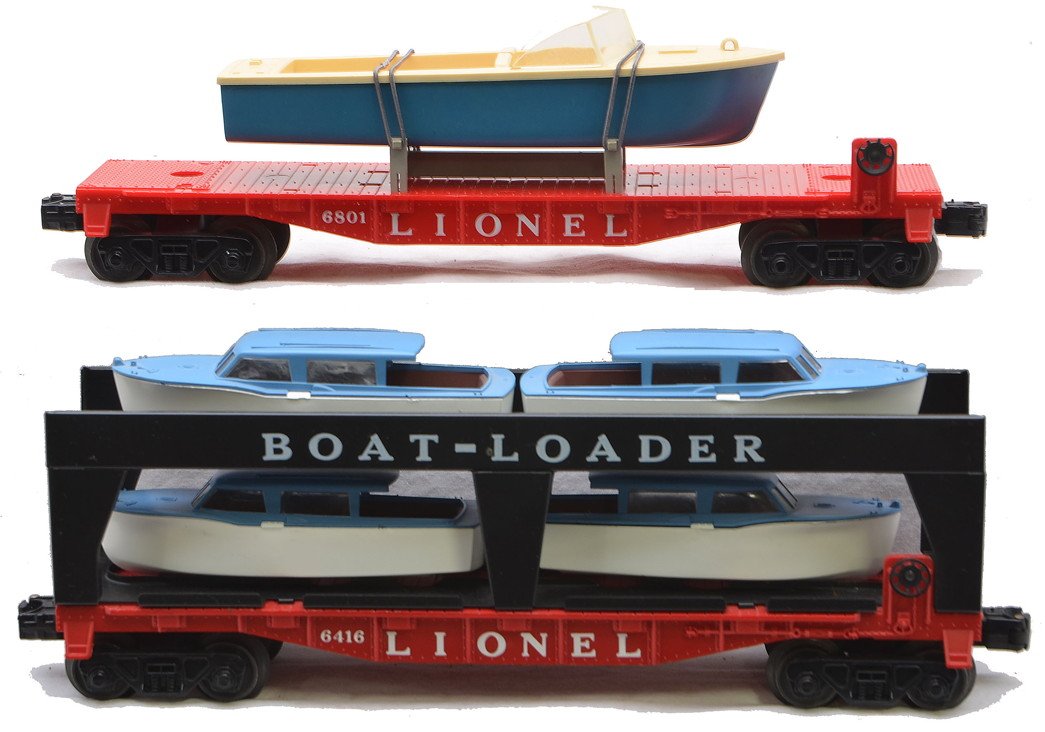 Lionel 6416 Boat Loader 6801 Flatcar w/Boat: Lionel postwar 6416 boat loader with four boats that have white hulls and blue decks and a 6801 flatcar with boat that has a blue hull and cream deck. The 6416 is C8 and the 6801 is C7-8.