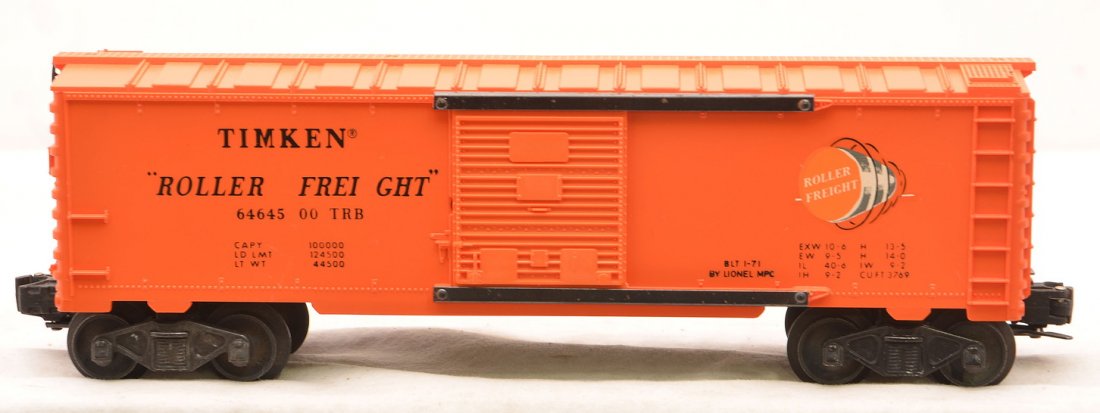 Lionel 6464-500 Orange Timkin Type VI Boxcar: Lionel 6464-500 orange Timkin type VI boxcar with postwar die-cast bar end trucks. Car has never been run, C9.