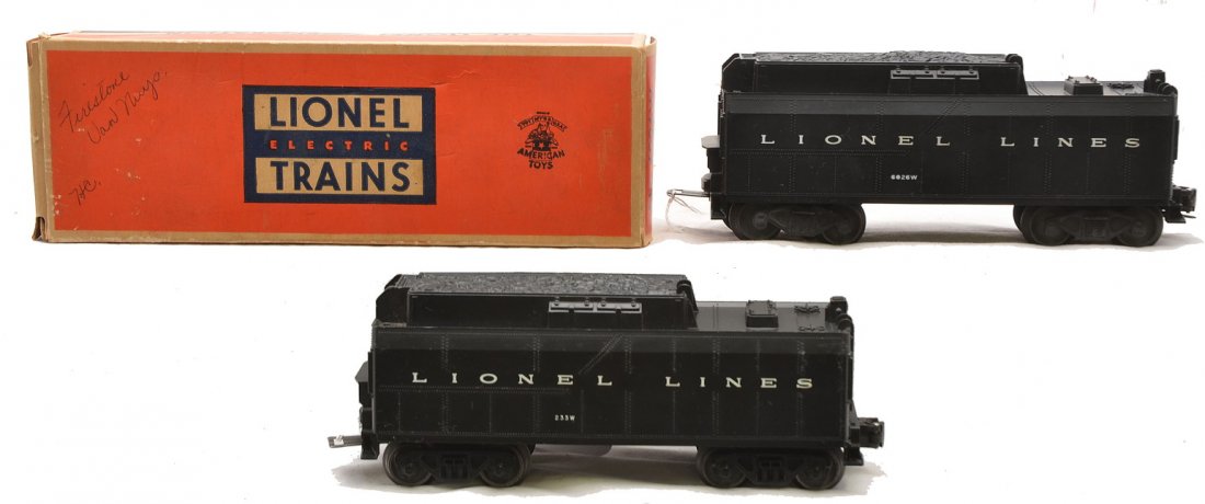 Lionel 6026W Tender OB 233W Tender: Lionel postwar 6026W tender with bar end trucks in OB and a 233W tender with AAR trucks. Tenders are C8. The OB has all flaps attached.