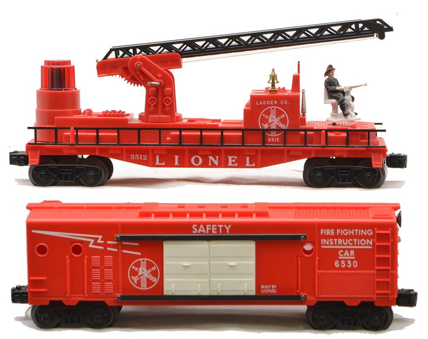 Lionel 6530 Fire Safety 3512 Fireman/Ladder Car: Lionel postwar 6530 fire fighting instruction car and a 3512 fireman and ladder car with black ladder. The 6530 is C8. The 3512 is missing one support for the ladder and is C7.