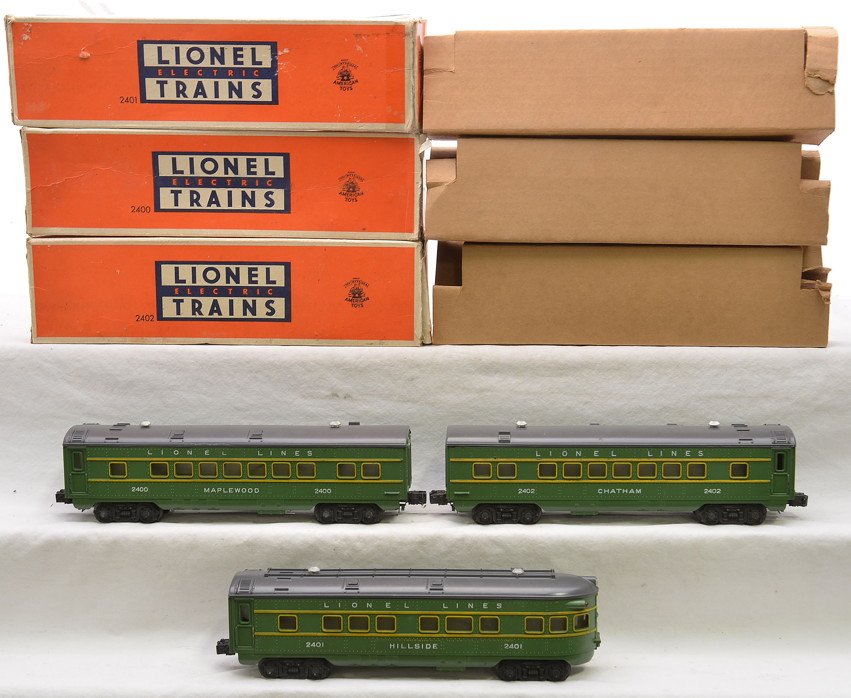 Lionel Green Passenger Cars 2400 2402 2401 OB: Lionel postwar green passenger cars with gray roofs in OBs with original cardboard inserts including; 2400 Maplewood Pullman, 2402 Chatham Pullman and 2401 Hillside observation. Cars are C8. OBs have 