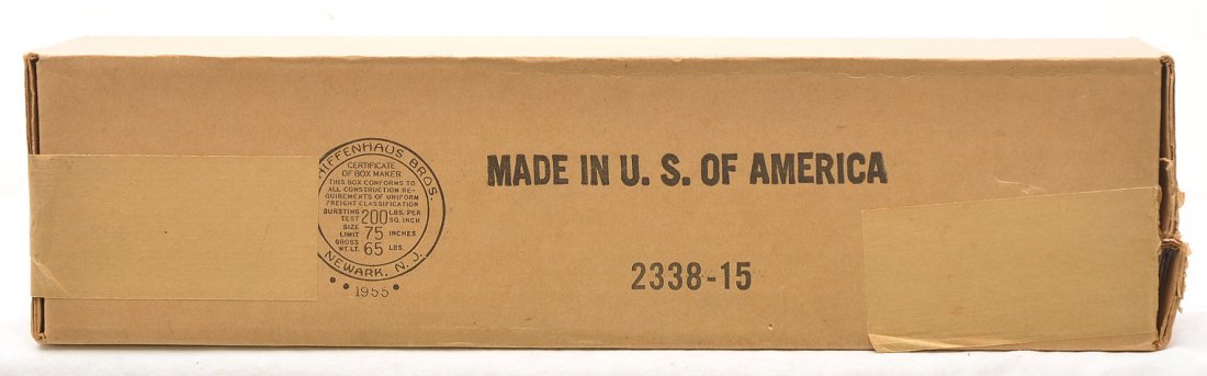 Lionel OB ONLY for 2338 MR GP7 Dated 1955: Lionel postwar original box only for 2338 Milwaukee Road GP7. This box is marked with an X and is dated 1955 and was for the solid orange band version. OB is sealed on one end, has all flaps attached 