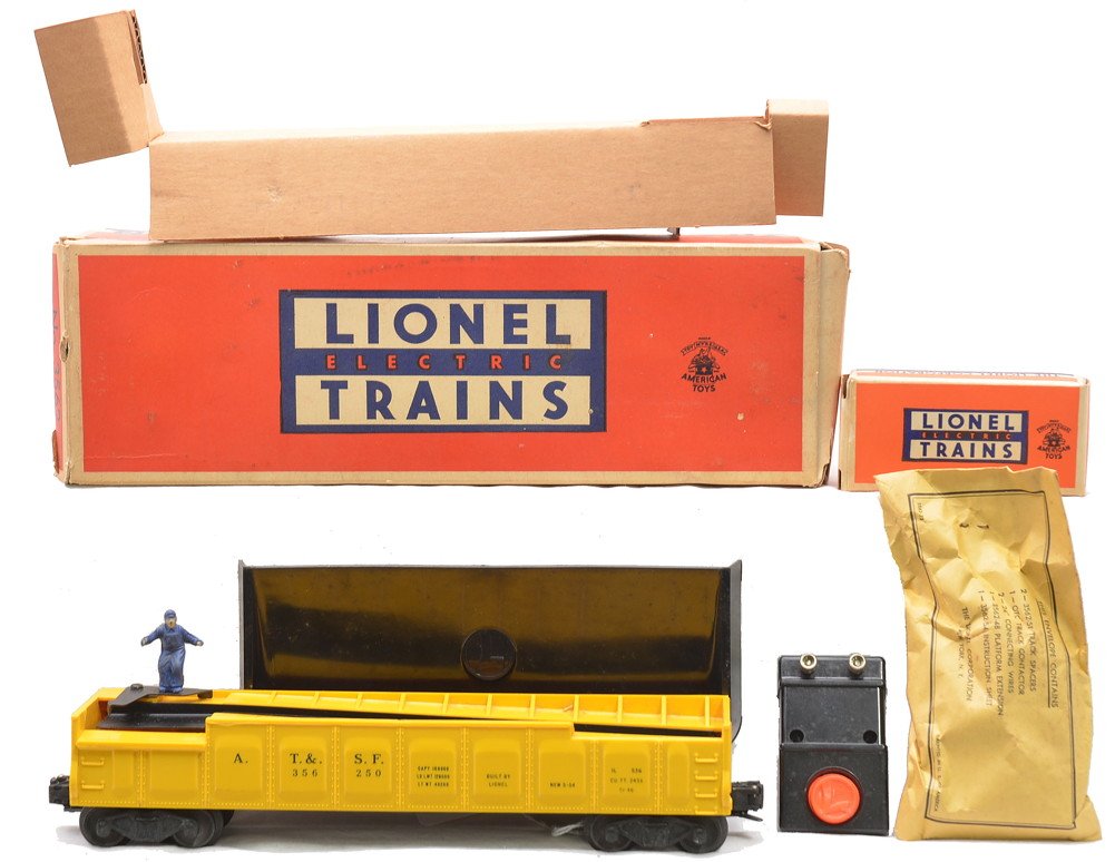 Lionel 3562-50 Yellow Barrel Car in OB: Lionel postwar 3562-50 yellow barrel car in OB with original cardboard insert, 362-78 barrels in OB, 3562-73 sealed packet, 160 bin and No. 90 control switch. Car has never been run, C9. OB is complet