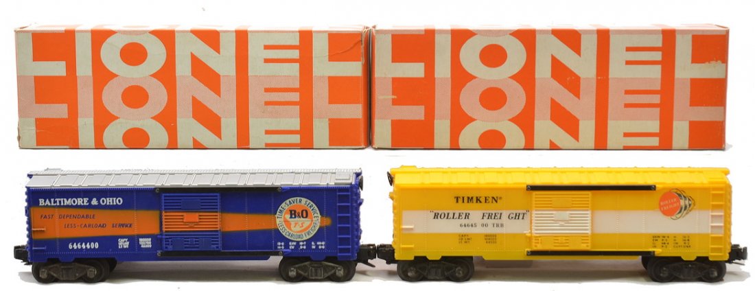 Lionel 6464-400 B&O 6464-500 Timken LN OBs: Lionel postwar 6464-400 Baltimore & Ohio type IV boxcar and a 6464-500 Timken type IV boxcar with unpainted yellow body both in OBs. The boxcars have bar end trucks. The 6464-400 has never been run an
