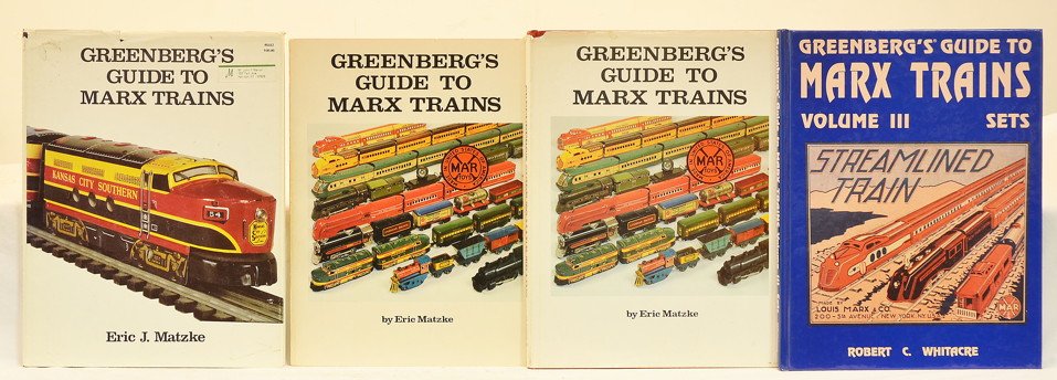 Selection of Greenbergs Marx Reference Books: Selection of Marx reference books including three Greenbergs Guide to Marx Trains by Eric J. Matzke and Greenbergs Guide to Marx Trains Volume III Sets by Robert C. Whitacre. The books are complete.