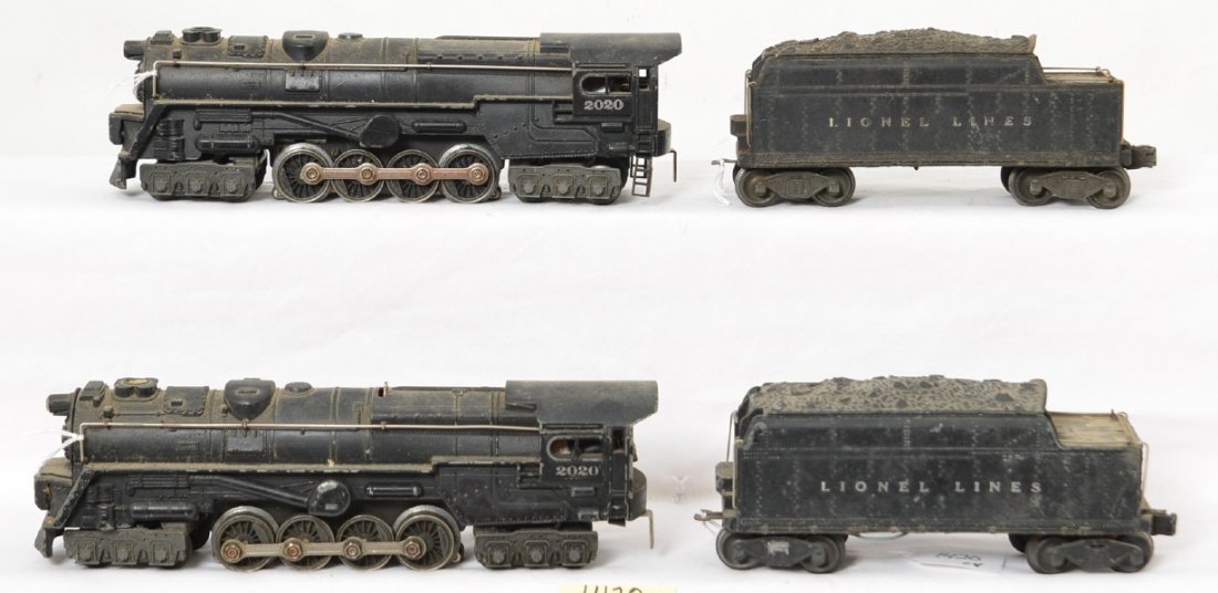 Two Lionel 2020 steam locomotives w/whistle tenders: Postwar Lionel O gauge, two 2020 steam locomotives with unnumbered whistle tenders. Trains are sold as they are shown in our photos with NO returns.