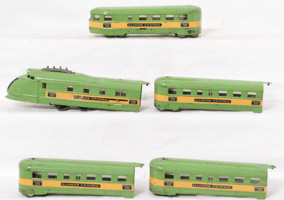 American Flyer Illinois Central Green Diamond set: American Flyer prewar O gauge Illinois Central Green Diamond five piece set, all original C6.