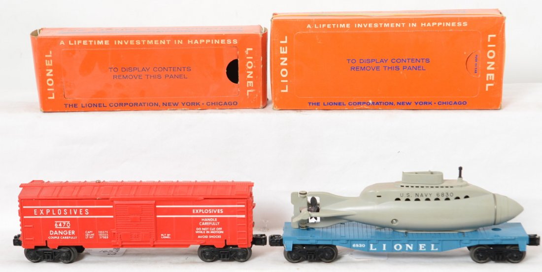 Lionel 6470 Explosives and 6830 U.S. Navy in OB: Postwar Lionel O gauge 6470 Explosives boxcar and 6830 U.S. Navy sub on flat, trains are very nice C7-8. Boxes have missing push in tab, small tears to perf., missing tuck flap, etc.
