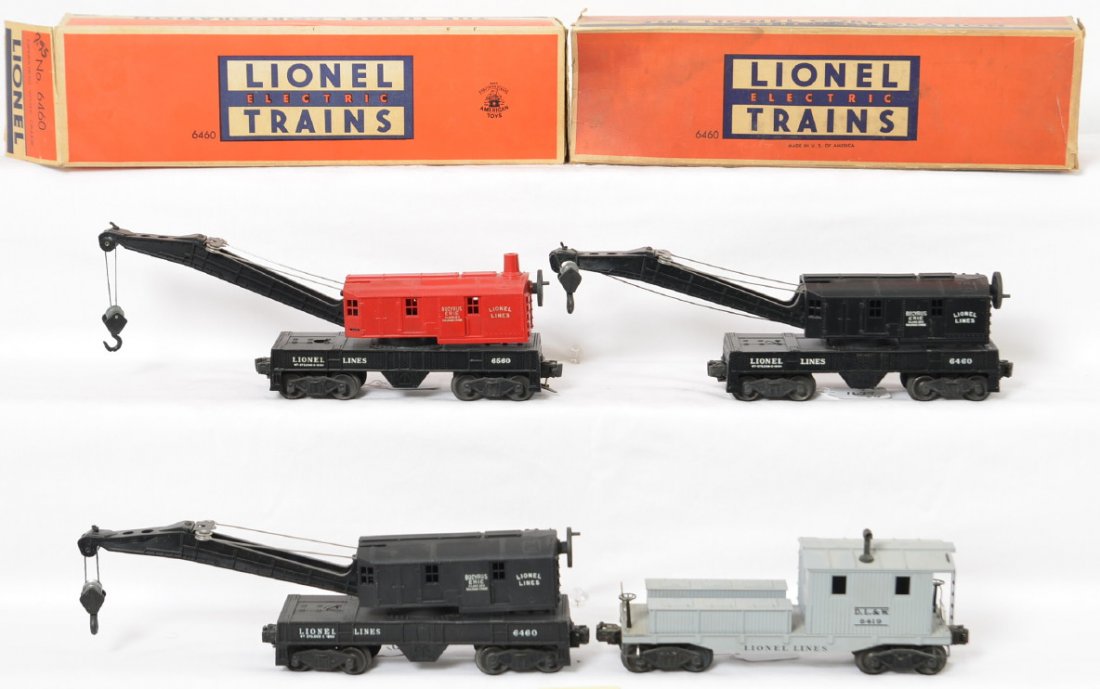 Lionel 6460, 6460, 6560, 6419 cranes and work caboose: Postwar Lionel O gauge operating work cranes and work caboose, two 6460 cranes, one 6560 crane and 6419 D.L.&W. work caboose. Trains look very nice C6-7. Two 6460 boxes included, both have missing fla
