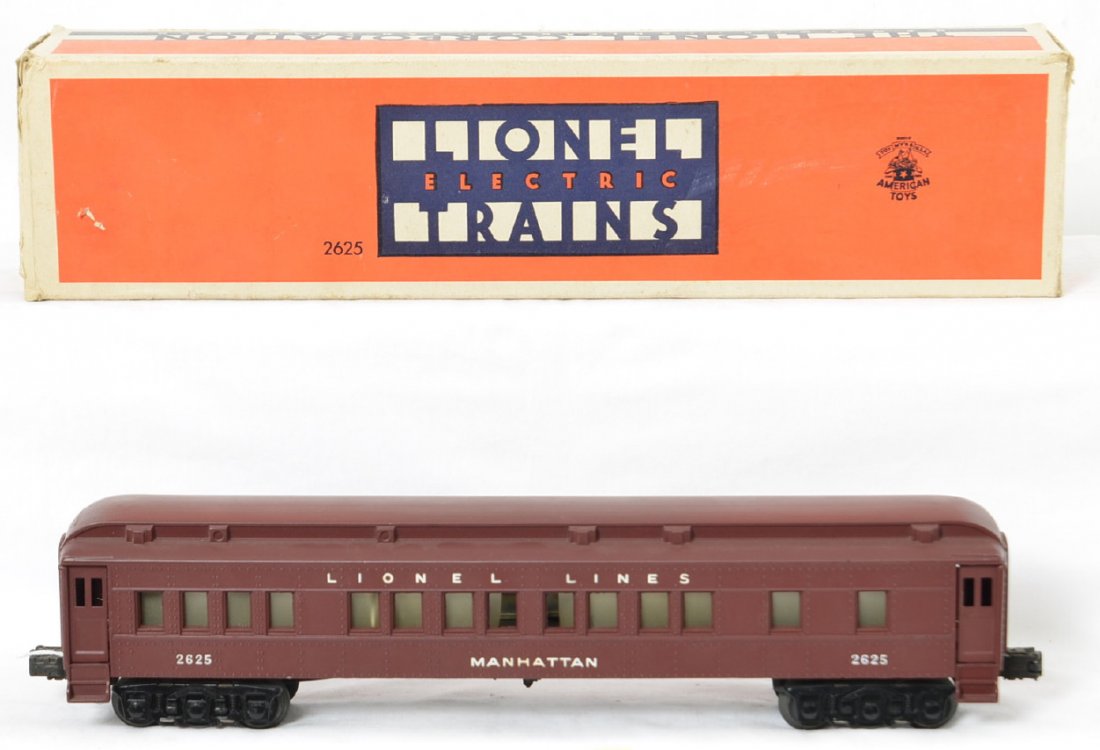 Lionel No. 2625 Manhattan Pullman in OB w/insert: Postwar Lionel O gauge No. 2625 Manhattan Pullman coach passenger car, in original box with insert, very nice C7. Box has a little wear/worn spot to a corner, otherwise very square and solid with no m