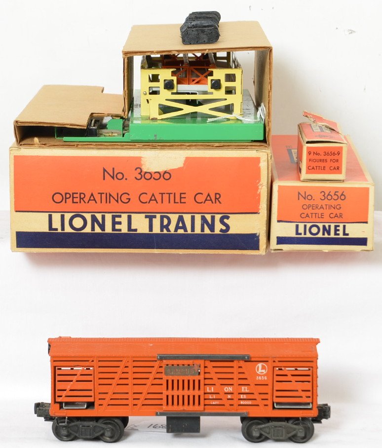 Lionel 3656 Armor cattle car and stockyard in OB nice: Postwar Lionel O gauge 3656 Armor stock car in original box with stockyard in original box with insert, 3656-9 cattle figures in OB with torn lid. Stockyard has rust at some places. Cattle car should 