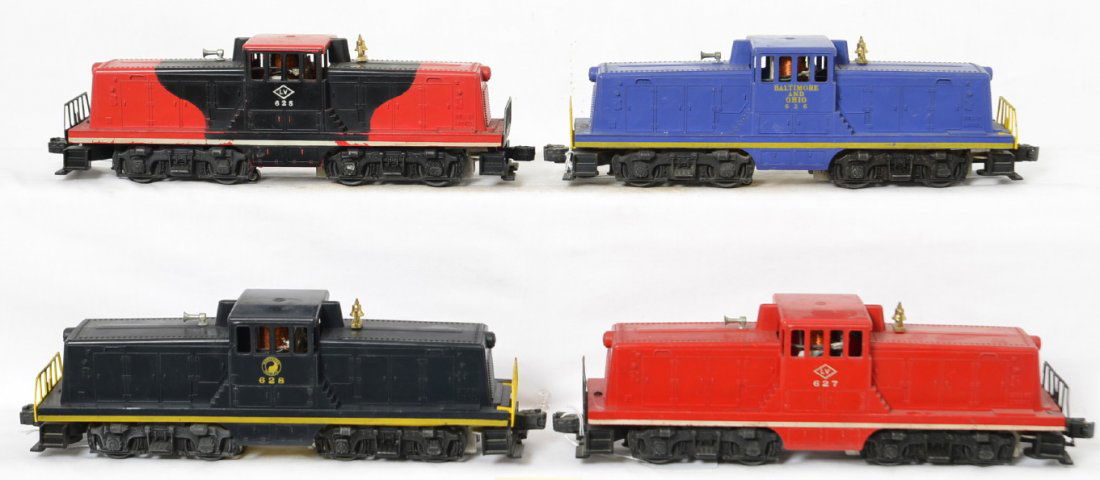 Lionel 625, 626, 627, 628 GE 44T diesel switchers: Postwar Lionel O gauge GE 44 ton diesel switchers, 625 LV, 626 B&O, 627 LV, and 628 NP, trains look C6 area.