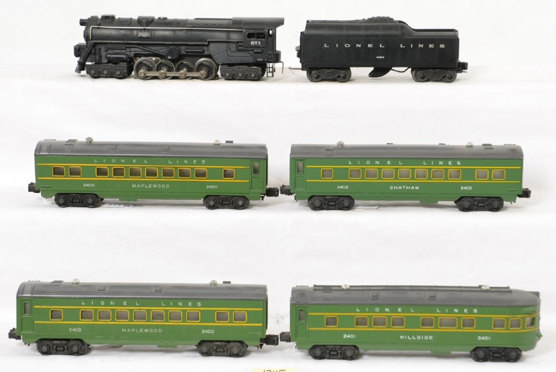 Lionel 671/2046W, 2400, 2400, 2402, 2401: Postwar Lionel O gauge 671 steam locomotive, 2046W whistle tender, two 2400 Maplewood Pullman, 2401 Hillside observation, and 2402 Chatham Pullman, passenger cars. Trains should clean and polish to lo
