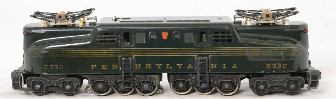 Lionel 2332 Pennsylvania GG-1 5 stripe electric loco: Postwar Lionel O gauge 2332 Pennsylvania GG-1 5 stripe electric locomotive with very nice stripes and lettering, C6+.