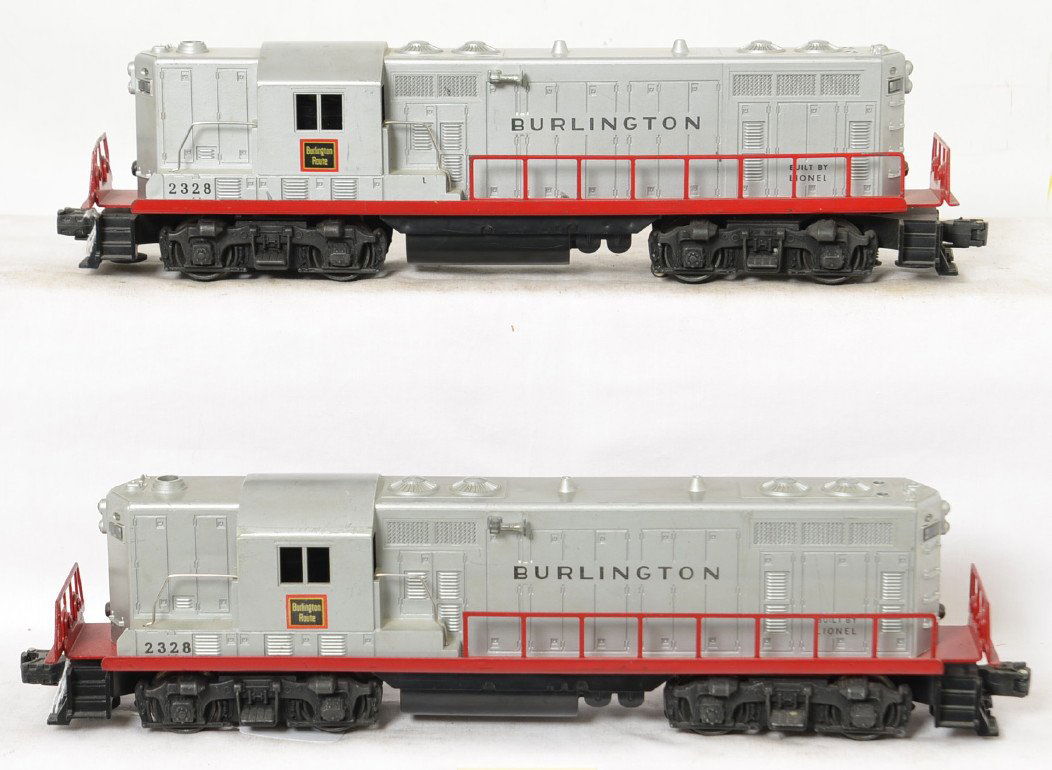 Lionel 2328 Burlington Route GP-7 diesels, two: Postwar Lionel O gauge 2338 Burlington Route GP-7 diesel switcher locomotives, both C6.