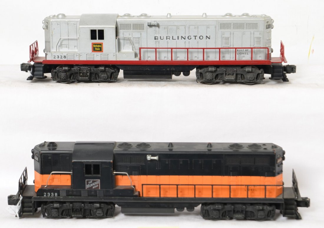 Lionel 2328 and 2338 GP-7 diesel locomotives: Postwar Lionel O gauge 2328 Burlington Route and 2338 The Milwaukee Road, GP-7 diesel road switcher locomotives. Trains have repainted chassis, otherwise C6 area.
