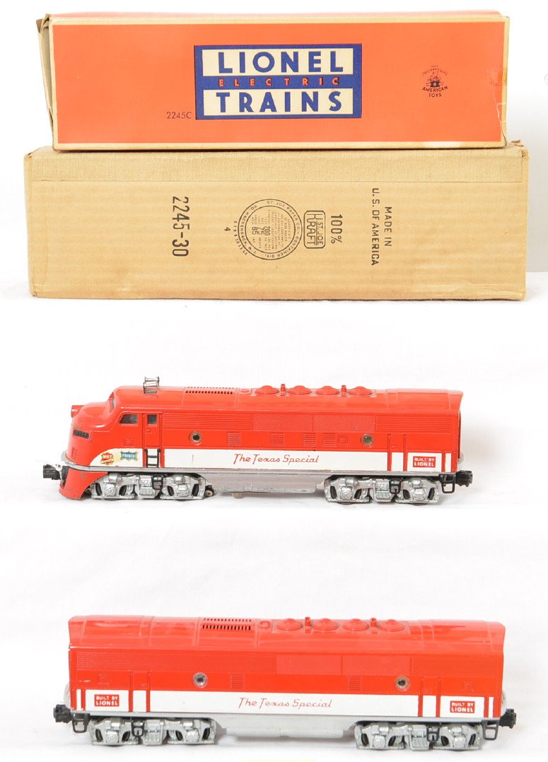 Lionel 2245P and 2245C MKT The Texas Special in OB: Postwar Lionel O gauge 2245P and 2245C MKT The Texas Special, EMD F3 diesel A-B units in original boxes. Powered unit has very small touchups to red, trains otherwise look C6. C box has tears to flaps