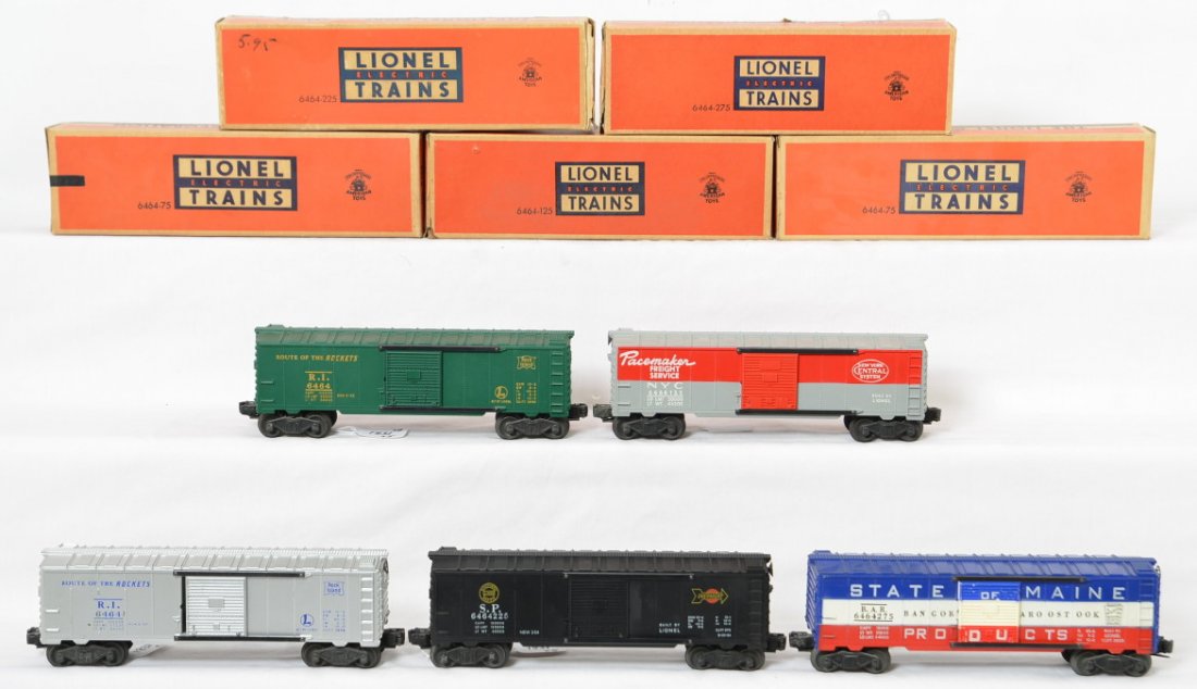Lionel 6464-75, -125, -175, -225, -275 boxcars in: Postwar Lionel O gauge 6464-75 Rock Island, 6464-125 New York Central, -175 Rock Island, -225 Southern Pacific, and -275 BAR State of Maine. Trains look C6-7 area. Boxes have missing tuck flap, black