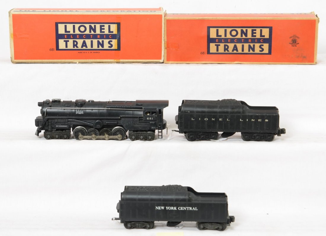 Lionel 681 loco w/smoke chamber, 2046W, 2671WX, 2 OB: Postwar Lionel O gauge 681 steam locomotive with smoke chamber, 2046W New York Central whistle tender, and 2671WX Lionel Lines whistle tender (missing a step), and two original 681 boxes. Trains look 