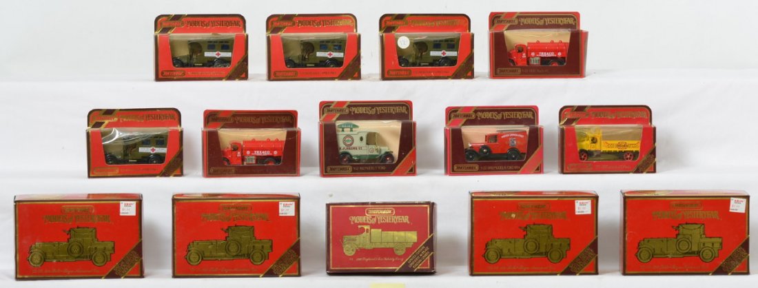 Matchbox Models of Yesteryear, fourteen vehicles in: Matchbox Models of Yesteryear toy vehicles in original boxes/packages. Vehicles look new, C9-10. Packages show little wear, price stickers. Fourteen vehicles total. Four 1920 Rolls-Royce Voiture Blind