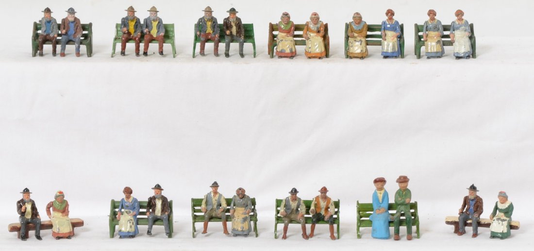 Huge grouping of sitters, benches, drivers, Britains,: Very large and very nice grouping of sitters with some drivers and odd benches. Most are Britains or other England/English pieces. Some benches are marked J. Hill Co. Some figures are marked England. 