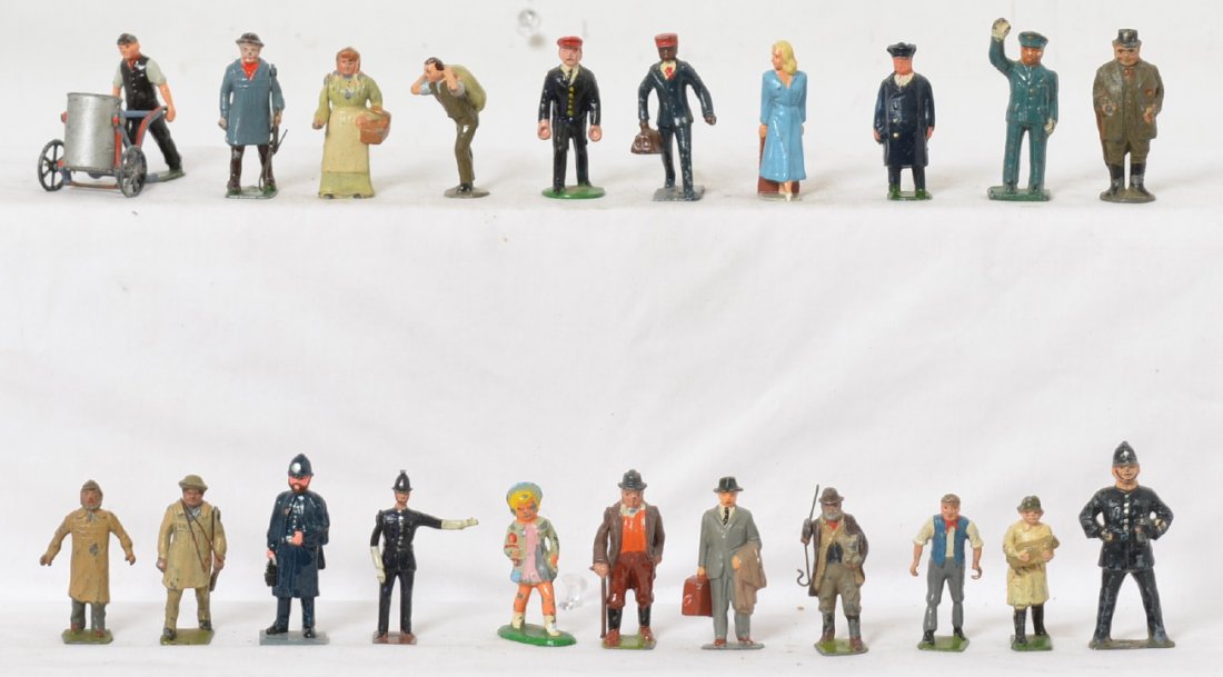 Huge grouping Britains, J. Hill Co., diecast lead: Huge group of Britains, J. Hill Co., Dinky, Lincoln Logs, Benbros, England, France, etc. Most are farmer/worker figures with some police, railroad, women, porters, conductors, hobo/bum, gentleman, sai