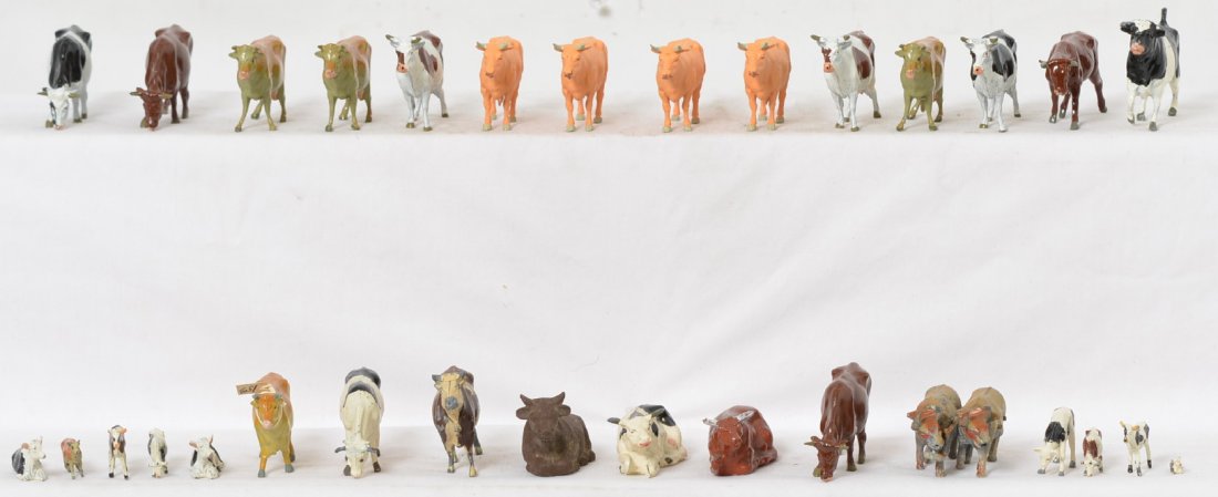 Huge grouping of Britains, J. Hill Co. cows, bulls,: Huge grouping of diecast lead Britains, J. Hill Co., Lincoln Logs, and other makers, cows, bulls, calves, etc. Animals range from missing a leg/tail to C9 area. A few animals are plastic. Very nice gr