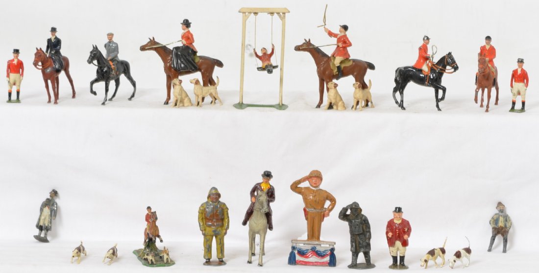 Britains fox hunters on horses, men, women, dogs, more: Very nice grouping of Britains diecast lead fox hunting figures,, matching male and female mounted hunts with dogs marked Germany, one mounted female rider is marked Made in USA, one female hunter w/d