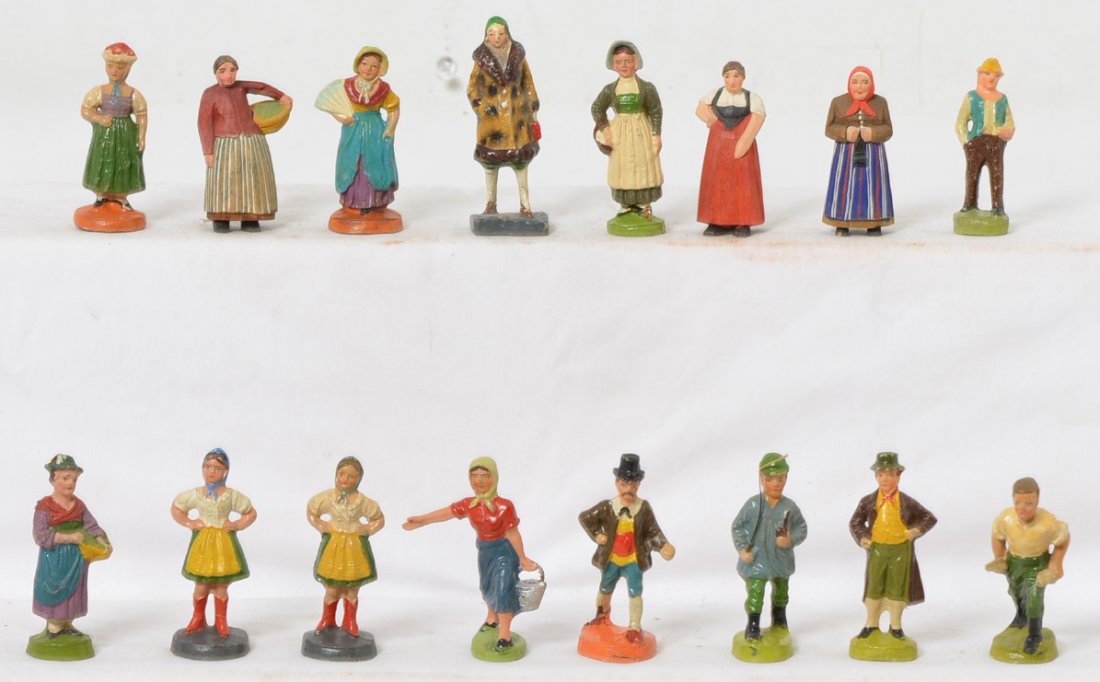 Group of Native Costume of..., Germany composition: Group of Native Costume of Hungary, Native Costume of Early Colonial, Black Forest, and other composition figures, most of which are marked Germany. One Lineol, couple JAPAN, and some wooden figures. 