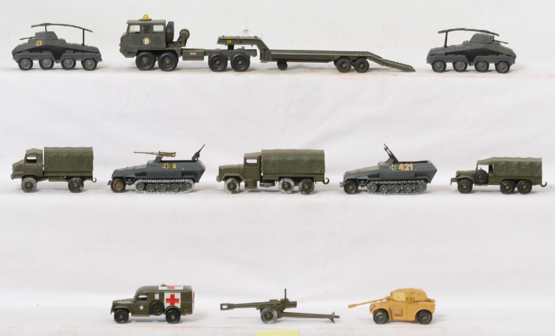 Eleven Solido military vehicles, trucks, tanks,: Eleven Solido diecast military vehicles, trucks, tanks, half-tracks, etc. Some oxidation, dust, etc. Toys should clean C6-7. Some may be missing or have wrong trim.