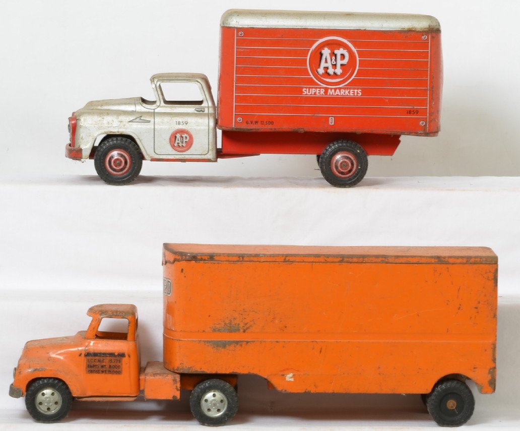 Tonka Allied Moving, earth scraper, dump truck, pressed: Tonka pressed steel Allied Moving semi tractor and trailer, earth scraper, dump truck and Linemar pressed steel A&P delivery truck. Rust, missing parts/pieces, etc. Sold as is shown in our photos with