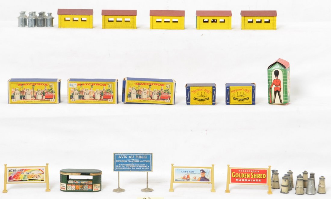 Matchbox, Hornby, Lesney, Britains, road signs, etc.: Matchbox, Hornby, Lesney, Britains, Sentry Box, and possibly others, diecast signs, newsstands, garages, lifts, Coal/Coke bin/bunker, tire holder, gas/petrol pumps, station hoards/milk cans?, station