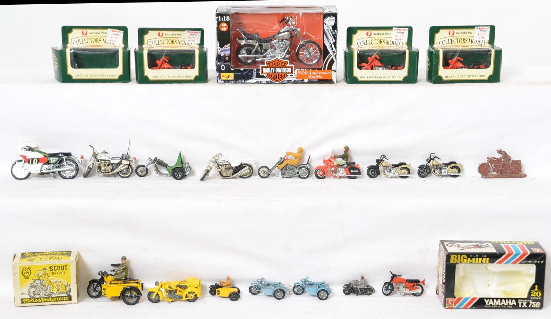 Group of diecast motorcycles, sidecars, Harley: Group of diecast motorcycles, some with side cars. Matchbox, Maisto, Bandai, and others. Yamaha TX750, Kawasaki, Mattel, Lesney No. 50... Missing trim and parts, dust, oxidation, etc. Some original pa
