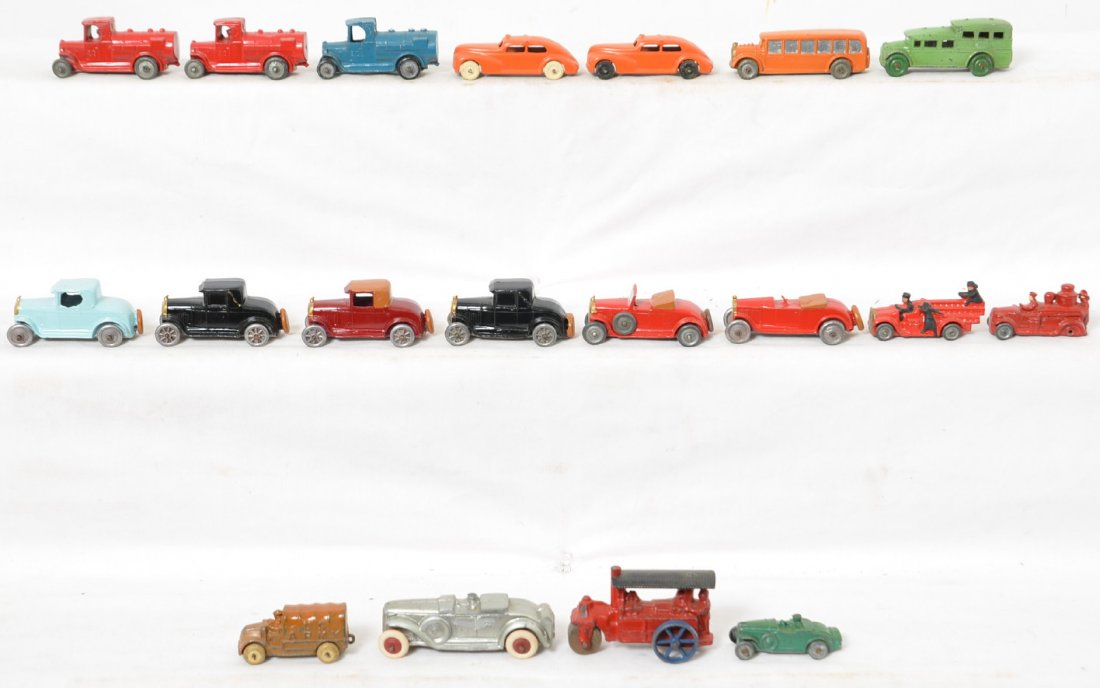 Hollow cast/slush mold lead diecast cars, Barclay,: Nice group of diecast, hollow mold, slush cast toy cars, trucks, steam roller, etc. Soem are repainted, some may have reproduction wheels, some appear to be in original paint. Cars overall look C6-8. 