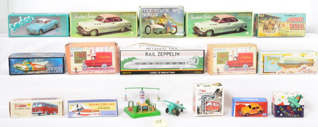Various Chinese Made Tin Collectible Toys: Big lot of collectible tin toys made in China. Lot to include :_x000B__x000B_Schylling- Zeppelin, Horse Race, two Mechanical Delivery Trucks (Lucky Lindy Cream Soda & Homerun Chewing Gum), Rail Zeppel
