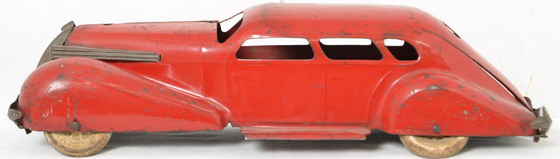 Wyandotte Airflow Sedan 15Ã“: Nice old car, all original with some scratches and paint wear. Three of the four tires are folded over from heat damage that likely occurred long ago. This car has unique front and rear bumpers that r
