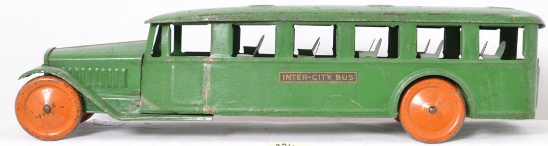 Steelcraft Green Inter City Bus Orange Wheels: Bus is all original with nice decals on each side but front one is missing. There are some scratches and normal paint wear of a toy of this age. Nice body, very straight with no dents. Bus is 24Ã“ 