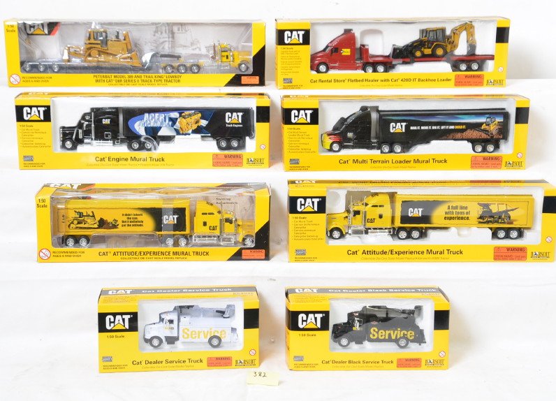 8 Norscot Caterpillars trucks 55166 55169 etc: Norscot Scale Model diecast 1:50 scale Caterpillar construction vehicles in OBs. Eight trucks include 55166, 55169, 55138, 55207, 55118, 55117, 55169, and 55117. All items are new in box C9-10. OBs do