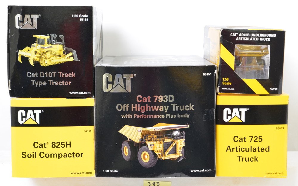 5 Norscot Caterpillar excavation models 55191, 55151,: Norscot Scale Model diecast 1:50 scale Caterpillar construction vehicles including 55165, 55191, 55073, 55151, and 55158. All are new in the box C9-10. OBs have some light corner and edge wear.