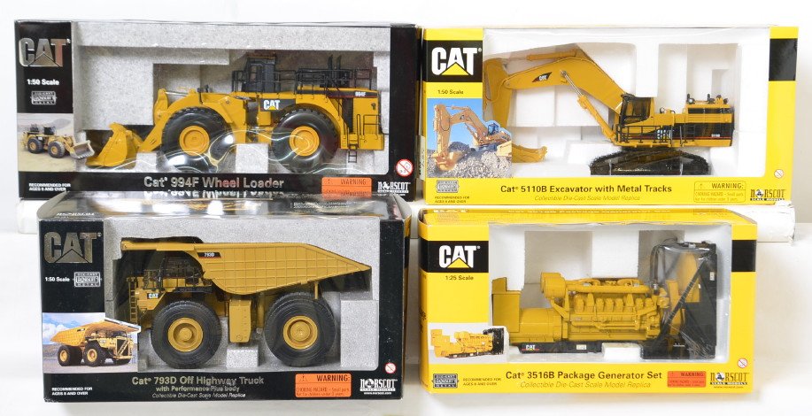 4 Norscot Caterpillar models 55098, 55100, 55151, etc: Norscot Scale Model diecast 1:50 scale Caterpillar construction vehicles. Four models include 55098, 55100, 55161, and 55151. Items are new in box C9-10. OBs have some light wear.