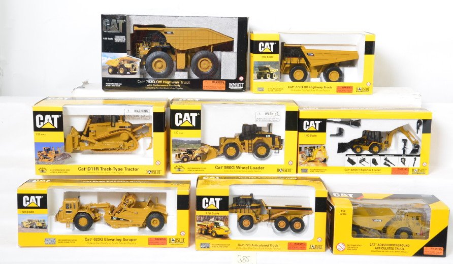 8 Norscot Caterpillar construction models 55025, 55151,: Norscot Scale Model diecast 1:50 scale Caterpillar construction vehicles in OBs. Six items include 55025, 55151, 55027, 55061, 55104, 55073, 55191, and 55097. Items are new in the box C9-10. OBs have