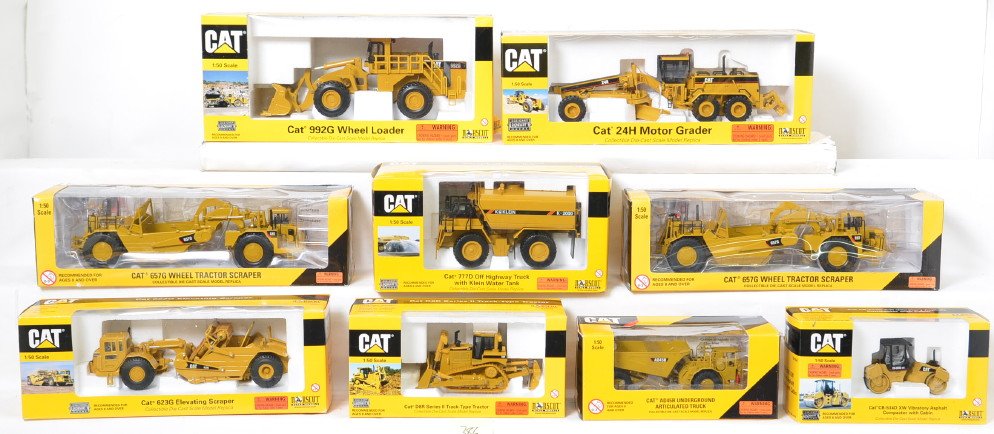 9 Norscot Caterpillar construction models: Norscot Scale Model diecast 1:50 scale Caterpillar construction vehicles including 55175, 55099, 55097, 55133, 55164, 55142, 55191, 55175, and 55115. Items are new in the box C9-10. OBs have some ligh