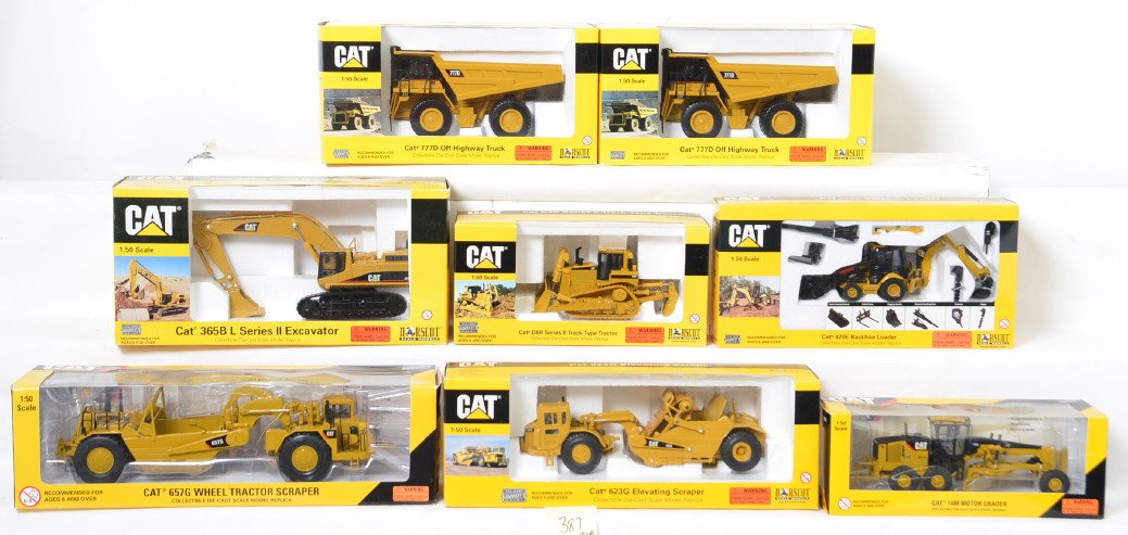 8 Norscot Caterpillar construction models 55189, 55104,: Norscot Scale Model diecast 1:50 scale Caterpillar construction vehicles including 55175, 55099, 55143, 55189, 55104, 55058, 55097, and 55104. Items are new in the box C9-10. OBs have some light wear.
