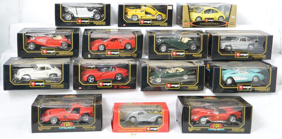 14 Bburago 1:18 Die Cast Cars: The lot includes cars from all eras and includes such names but not limited to Dodge, Ferrari, Chevrolet, Jaguar, Mercedes, Lamborghini and Volkswagen. All cars are mint unopened except one which is a