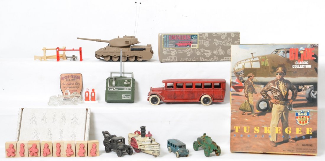 Reproduction Cast Iron Toys & GI Joe: Lot includes five reproduction cast iron toys, a modern era GI Joe in box, an incomplete set of small printing blocks and a Sears radio controlled tank.