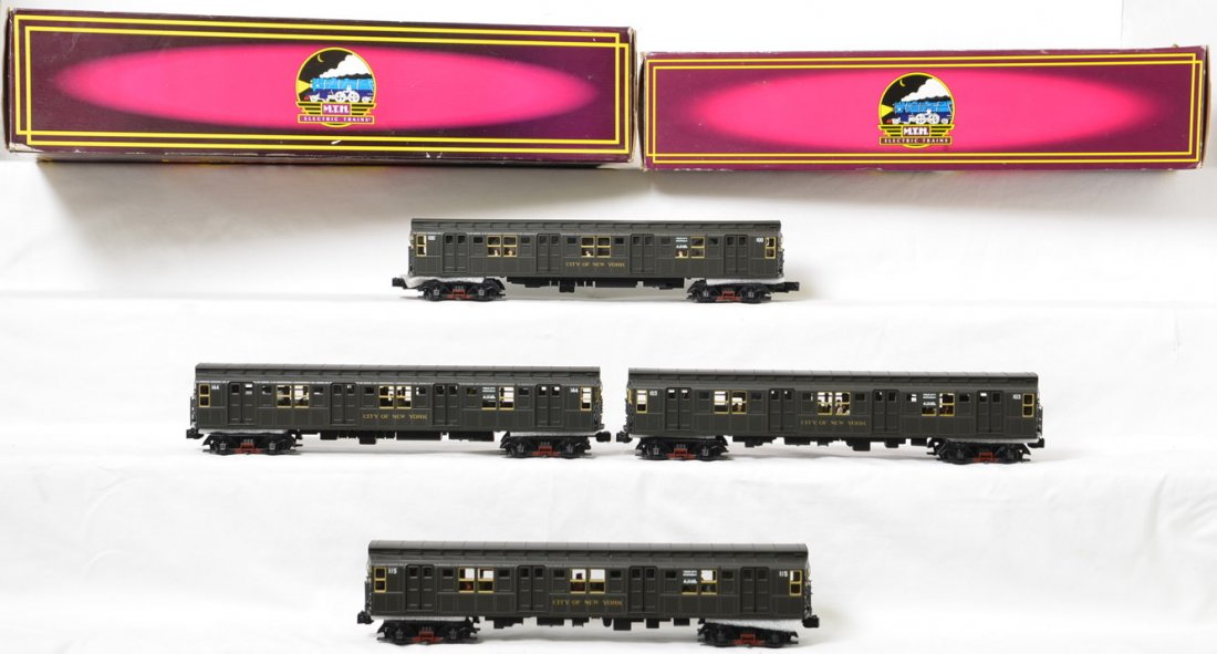 MTH City of New York R-1 subway set with Proto 2: MTH modern O gauge 20-2555-1 City of New York R-1 four car subway set in OB. Cars feature Protosound 2.0, DCS control, Protocouplers, and more. Cars are C8 with run time. Set box has some mild wear. A