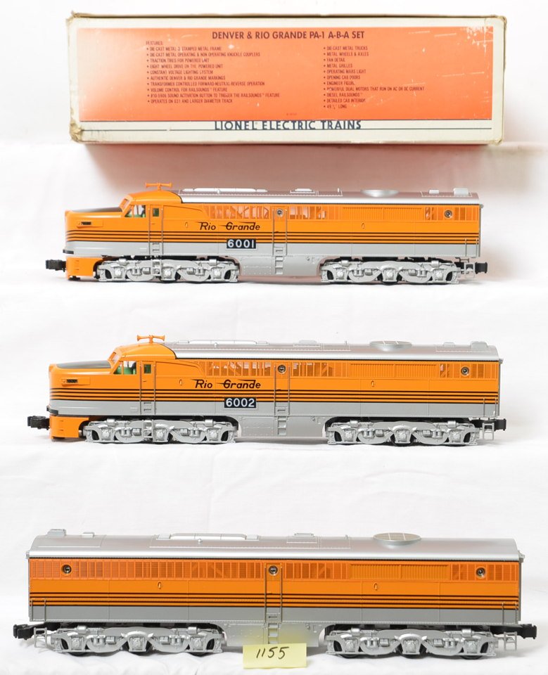 Lionel Rio Grande 18107 Alco PA A-B-A: Lionel modern O Gauge Rio Grande Alco PA A-B-A set in OB. Set number is 18107. Powered loco features dual motors, electronic reverse, constant voltage headlights and more. Set also has diesel Railsoun